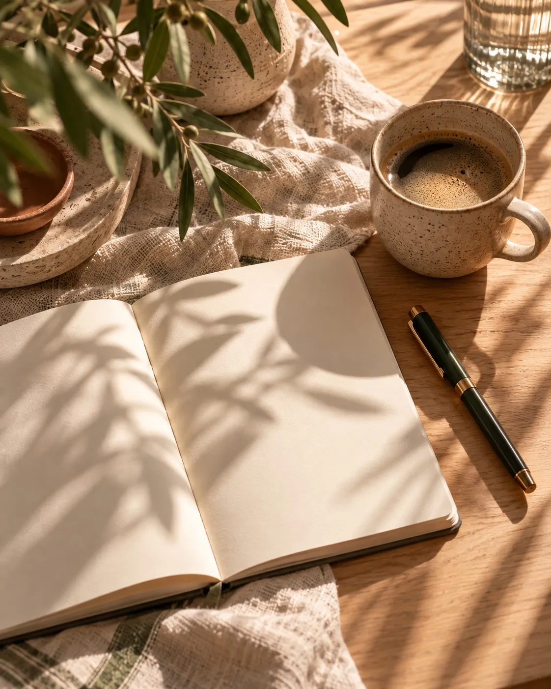 A calm workspace with an open blank notebook, coffee and olive branches in morning light.